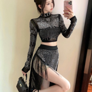 طقم فاخر من قطعتين مع أحجار الراين ذات الإصلاح العاجل + خصر مرتفع غير منتظم تنحنح بدلة تنورة بشراشيب - Product Image 5