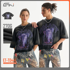 เสื้อยืดวินเทจแขนสั้นทรงหลวม ผ้าฝ้ายผสม ระบายอากาศได้ดี ซับเหงื่อ ป้องกันแสงแดด ชายเสื้อฉีกขาด ขอบเสื้อทำสีซีดแบบวินเทจ - Product Image 4
