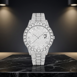 Montre de luxe pour femme en acier inoxydable avec diamants, cadran analogique à chiffres romains, mouvement à quartz, boîtier rond de 38 mm, fermoir papillon, bracelet de 22 cm - Product Image 3