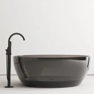 Bak mandi berdiri bebas Resin kristal bening warna hitam abu-abu Modern bak mandi bulat untuk rendam dengan pengering untuk penggunaan di vila
