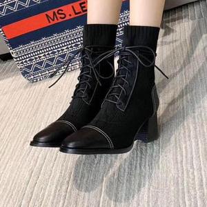 Chaussures d'hiver en cuir à talons hauts pour femme, bottes à bouts ovales style lacets, talons compensés - Product Image 3