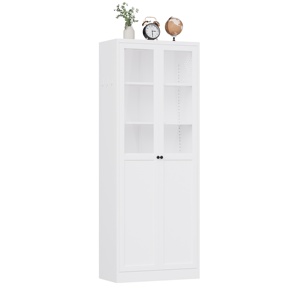 White Cold Rolled Steel <b>Kitchen</b> Pantry Cabinet, Glass & Solid 4 Doors <b>Storage</b> <b>Cupboard</b> with Adjustable Shelves for Dining Room - Product Image 3