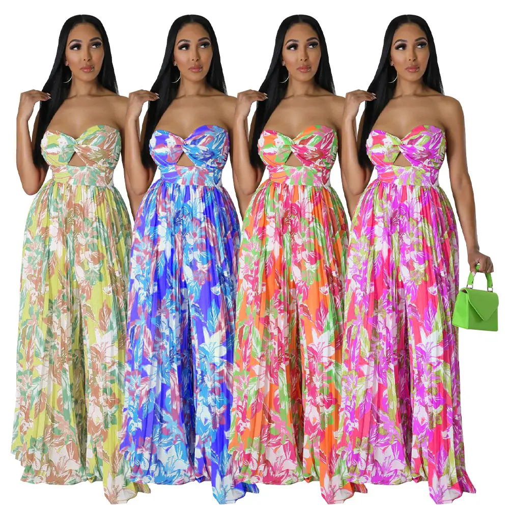 BOBOYU 2023 summer clothes for women floral print sexy strapless tube top jumpsuit casual loose pleated wide leg pants jumpsuit