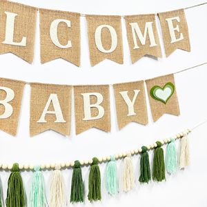 Guirnalda de banderines de arpillera para Baby Shower, cartel de bienvenida para bebé de fieltro, guirnalda de borlas verde salvia ombré con corazón y verde oliva con cuentas - Product Image 4