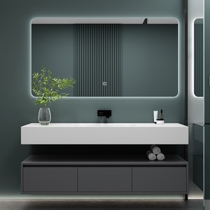 Double Layer Wall Mounted Minimalist Solid Wood Bathroom Vanity with Hot Bending Seamless Integrated Basin - Product Image 1