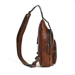 Sac de poitrine en cuir marron pour homme, en cuir de vachette, multi-zippé, sangle réglable, usage quotidien - Product Image 3