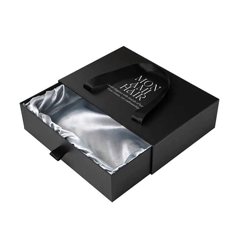 Caixa de embalagem para peruca de cabelo com fecho magnético de papel duro preto personalizado com alça