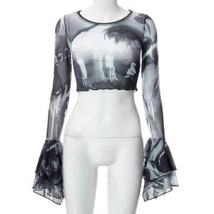 Sexy Streetwear <strong>Goth</strong> Dark Punk Print Y2k Mesh <strong>Women</strong> Crop Tops Gothic Flare Sleeve See Through T-shirts Lettuce Hem - Product Image 3