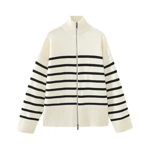 KAOPU ZA Women with zipper stripes knit cardigan sweater vintage long sleeves high collar female outerwear chic tops