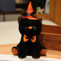 Vente en gros de poupée en peluche de dessin animé d'Halloween, chat noir orange, décoration de la Toussaint pour enfants, cadeau avec un chapeau de sorcière