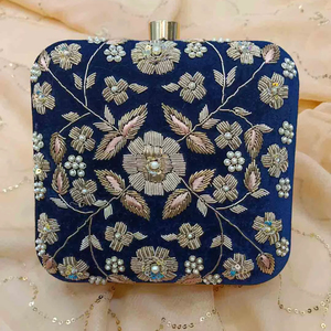 <b>Blue</b> Velvet Evening <b>Clutch</b> Hand Embroidered Gold Flowers Zardozi <b>Bag</b> Eco-Friendly Modern Gift <b>for</b> <b>Wedding</b> - Product Image 1