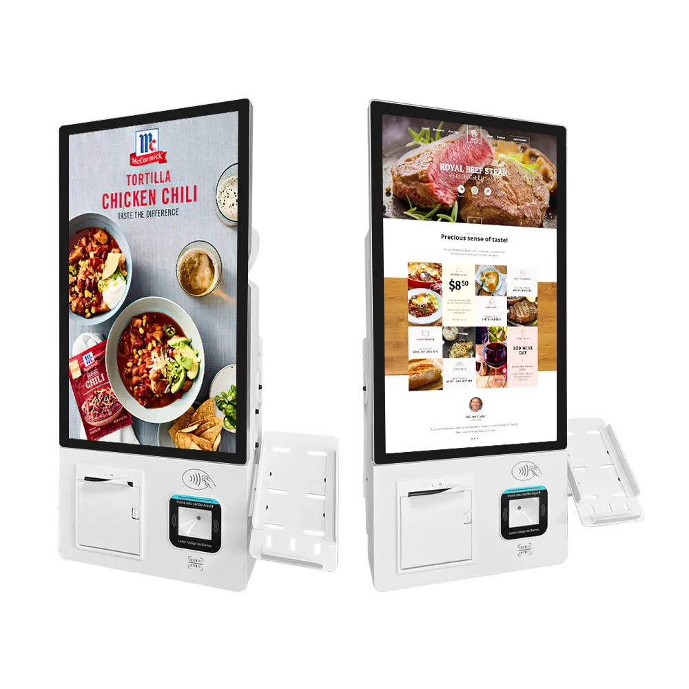 Floor Standing/Wall Mode Printer Touchscreen Digital Menu Ordering Kiosk Indoor Self Payment System With Android Rk3568 NFC QR