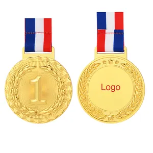 Venda por atacado preço da fonte medalhas em branco personalizadas para qualquer concorrência concorrência dourado prata troféu com boa fita