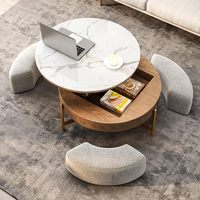 Ensemble de tables basses gigognes en marbre, style moderne, salon, table ronde avec plateau relevable, rangement central, avec 3 tabourets ottoman en tissu