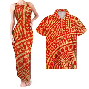 情侣沙滩服夏季无袖连衣裙女士独特的波利尼西亚部落花卉设计橙色背心连衣裙搭配男士衬衫