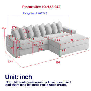 विलाई अधिक आकार के एल-आकार परिवर्तनीय सोफे सेट चेज़ कॉडुरोय सेशनल कूट्स 8 तकिए दो आर्मरेस्ट स्टोरेज होटल - Product Image 4