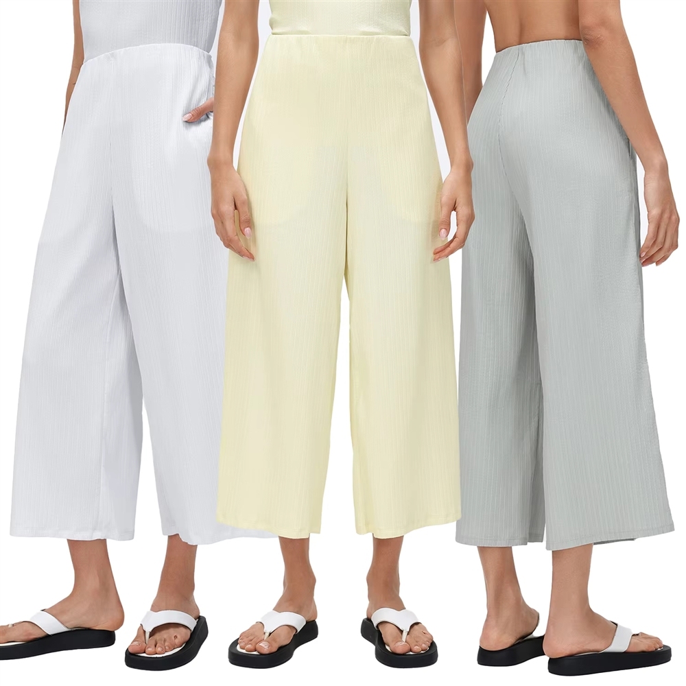 Custom Athletic Wear Women's Loose Wide Leg Pants High Waist Casual Ribbed Straight Leg Seven-eighth Length Pants
