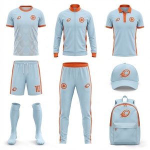 Ensemble complet d'uniforme de football bleu ciel clair et orange, kit de football personnalisé pour équipe, maillot géométrique, short, chaussettes, survêtement pour chapeau et sac à dos - Product Image 1