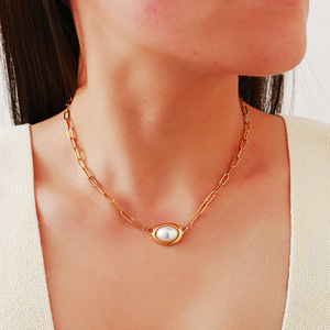 สร้อยคอสแตนเลสพร้อมจี้มุกเทียมดีไซน์ทรงเรขาคณิตชุบทอง 18k สำหรับผู้หญิงแฟชั่นเครื่องประดับของขวัญ - Product Image 2