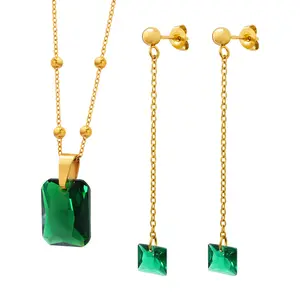 Waterproof 18k Gold Plated Stone Bead Chain Fashion Jewelry Sets Stainless Steel Emerald Zircon Earring Jewelry Set For Women