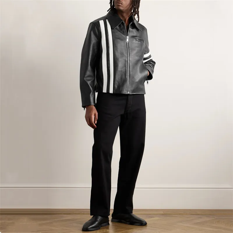Giacca di tendenza alla moda di alta qualità Slim-fit con chiusura a Zip giacca attraente in pelle color avorio nero a righe da uomo