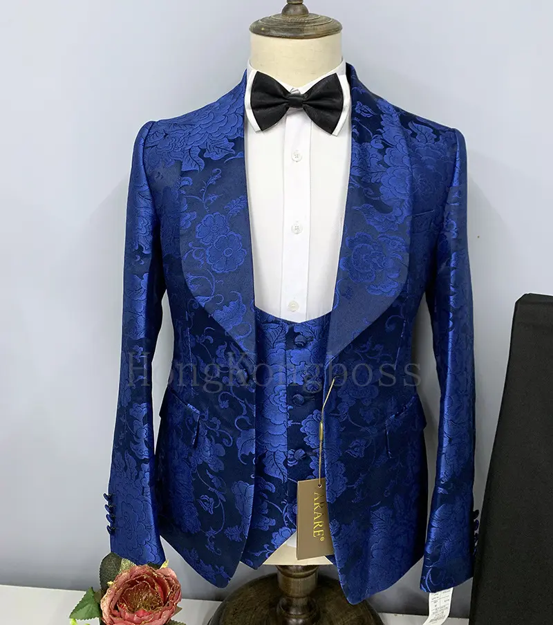 Wholesale Navy Blue Floral Formal 3 Pieces Slim Fit Shawl Lapel PromTuxedos Wedding Suits Jacquard Men's Suit