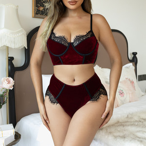 Limited Valentine's Day Luxury Burgundy Velvet Patch Lace Sexy Girl Underwear Set Thin <b>Nylon</b> Fabric Bow New Design Hollow Design - Product Image 1