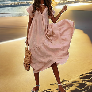 เดรสผ้าซาตินทรงโบฮีเมียนสำหรับผู้หญิง แขนสั้น คอวี ความยาวคลุมเข่า ใส่สบาย ระบายอากาศได้ดี เป็นมิตรกับสิ่งแวดล้อม ทรงหลวม สีพื้น ย้อมด้านหน้า เหมาะสำหรับใส่ไปเที่ยวชายหาดในฤดูร้อน - Product Image 2