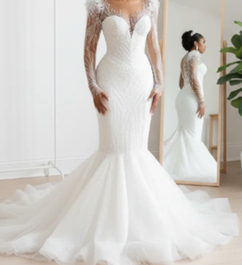 S0845Y 2026 Nuovo Abito <span class=keywords><strong>da</strong></span> <span class=keywords><strong>Sposa</strong></span> Africano di Lusso con Scollo a V, Strascico a Coda di Pesce, Maniche Lunghe e Paillettes, <span class=keywords><strong>Taglie</strong></span> <span class=keywords><strong>Forti</strong></span> - Product Image 1