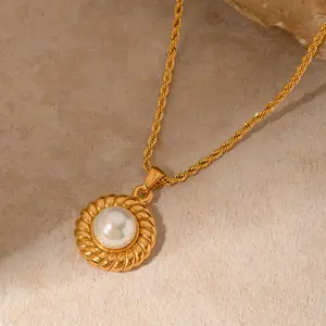 Retro 14K Real Gold Plated Twisted Texture Rope Chain Necklace Stainless Steel Fresh Water Pearl Necklace For Women