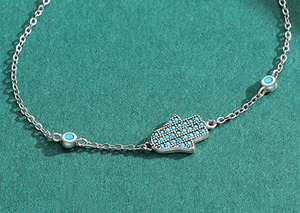 S925 Silver Hand Shape <b>Bracelet</b> With Blue Crystal Rhinestones Chain Link Unisex Everyday Wear Religious Style - Product Image 4