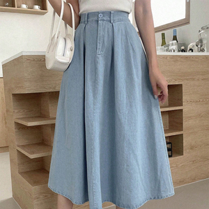 <span class=keywords><strong>Jupe</strong></span> en <span class=keywords><strong>jean</strong></span> bleu clair pour femmes à la mode en gros <span class=keywords><strong>Jupe</strong></span> trapèze taille haute rétro mi-longue polyvalente à grand ourlet - Product Image 5