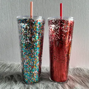 24oz Eco-Friendly Double Wall Plastic Mugs Juice Water Cup With Glitter Well-Sealed For School Use Healthy Drinkware