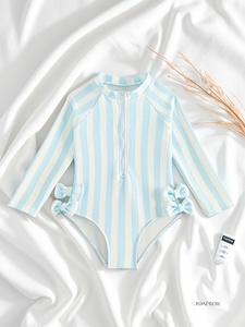 Costume da Bagno per Bambini Little Fresh, Manica Lunga con Zip, Intero, a Righe Blu e Bianche con Fiocco, per Spiaggia e Nuoto - Product Image 2