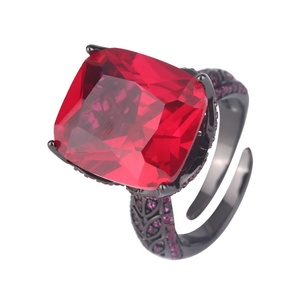 Fashion Jewelry Eco-friendly Copper Black Gold Plated Statement 14*16MM Red Zircon Imitation Color Gemstone Ice Cut <b>Ring</b> - Product Image 1
