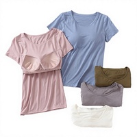T-shirts de yoga pour femmes à logo personnalisé, respirants, décontractés, d'été, à manches courtes, couleur unie, col rond, séchage rapide, avec coussinet de poitrine