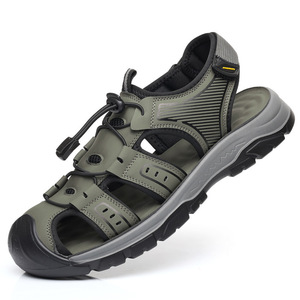 รองเท้าแตะกลางแจ้งผู้ชายระบายอากาศได้ดี ปิดนิ้วเท้า ส้นแบน ปิดด้วยเวลโคร สีเขียว ดำ เทา สีพื้น สำหรับเดินป่า ชายหาด ลำลอง ฤดูร้อน - Product Image 5