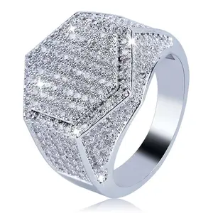 Bague hexagonale Hip Hop pour homme Nouvelle bague en or Zircon Micro Set, cadeau d'anniversaire