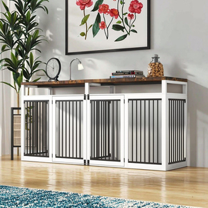 Mobile TV e Cuccia per Cani in Legno Massello Stile Modern Farmhouse, 4 Porte con Serratura, Grande Capacità per 2 Cani, Bianco, Arredamento <span class=keywords><strong>Soggiorno</strong></span> HY - Product Image 1