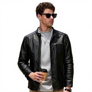 Veste en cuir noire pour homme, style motard, manches longues, col montant, fermeture éclair, coupe classique - Product Image 1