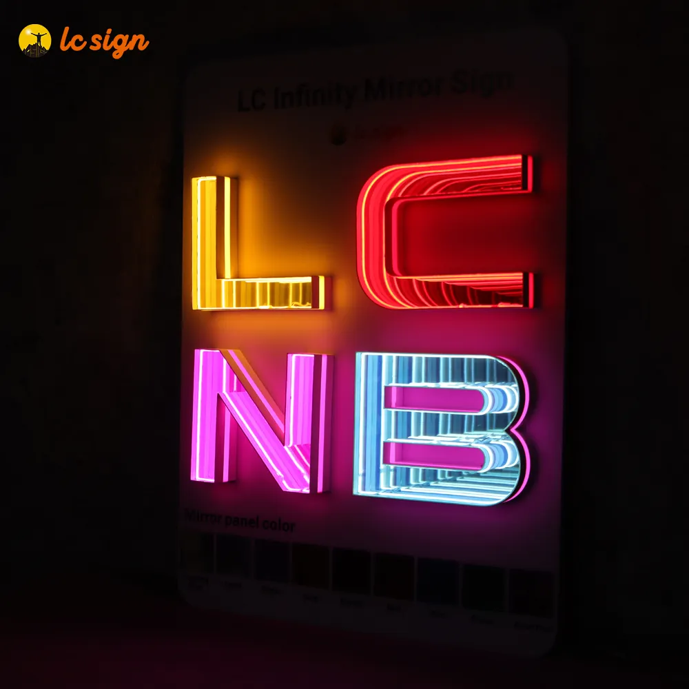 Neon Sign para parede, espelho mágico 3D de acrílico com efeito infinito, novo design personalizado, decoração de parede, espelho de neon em várias camadas