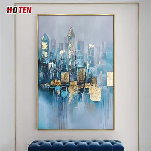 Pintura al óleo abstracta hecha a mano de paisaje urbano, pintura artística de pared, decoración para el hogar, sala de estar, decoración de pared moderna, vista a la calle