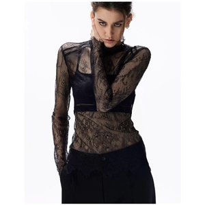 Camicia <span class=keywords><strong>Nera</strong></span> 2026 in Poliestere con Base in Pizzo, Vestibilità Slim, Trasparente, Sexy, con Strati di <span class=keywords><strong>Tulle</strong></span>, Maniche Lunghe e Collo Semi-Alto - Product Image 1