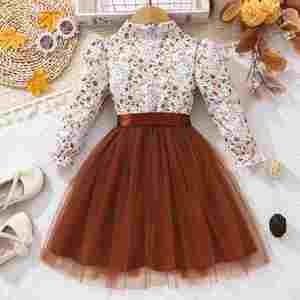 Nuevo cinturón tejido de malla con estampado de flores y solapa de manga larga para niñas, vestido de tela de punto Odm de otoño para niños, decoración de botones - Product Image 2