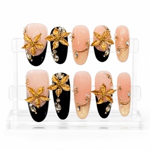Faux ongles de luxe 3D sculptés, à pression, motif floral, perles et strass, couvrance totale pour doigts - Product Image 6