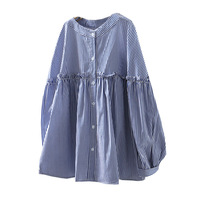 Chemise en coton rayée bleue pour femme, à manches longues, nouveau style printemps, avec bordure ondulée, coupe ample amincissante, chemise de base