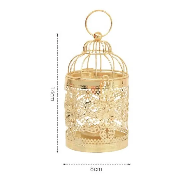 Porte-bougie suspendue avec cage à oiseau, lanterne marocaine en métal doré, décoration de mariage