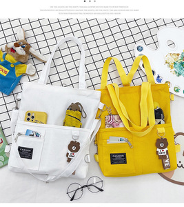 Logotipo personalizado Reutilizável Canvas Tote Bag com bolso e Zipper Messenger Shoulder Design Padrão dos desenhos animados para compras - Product Image 1