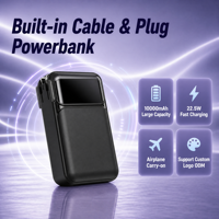 Batterie externe portable 10000 mAh, charge rapide PD 22,5 W, câble de charge intégré, prise compatible avion, directement de l'usine, OEM/ODM