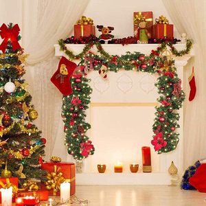 Guirlande de Noël HIIXHC illuminée, 9 pieds, en PVC, plantes artificielles, <span class=keywords><strong>vigne</strong></span> de fleurs, poinsettia, boules rouges, décorations extérieures pré-éclairées - Product Image 5